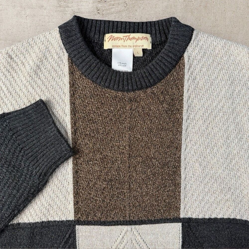 Vintage Norm Thompson Sweater Mens Large Color Block Geometric Acrylic Italy Y2K